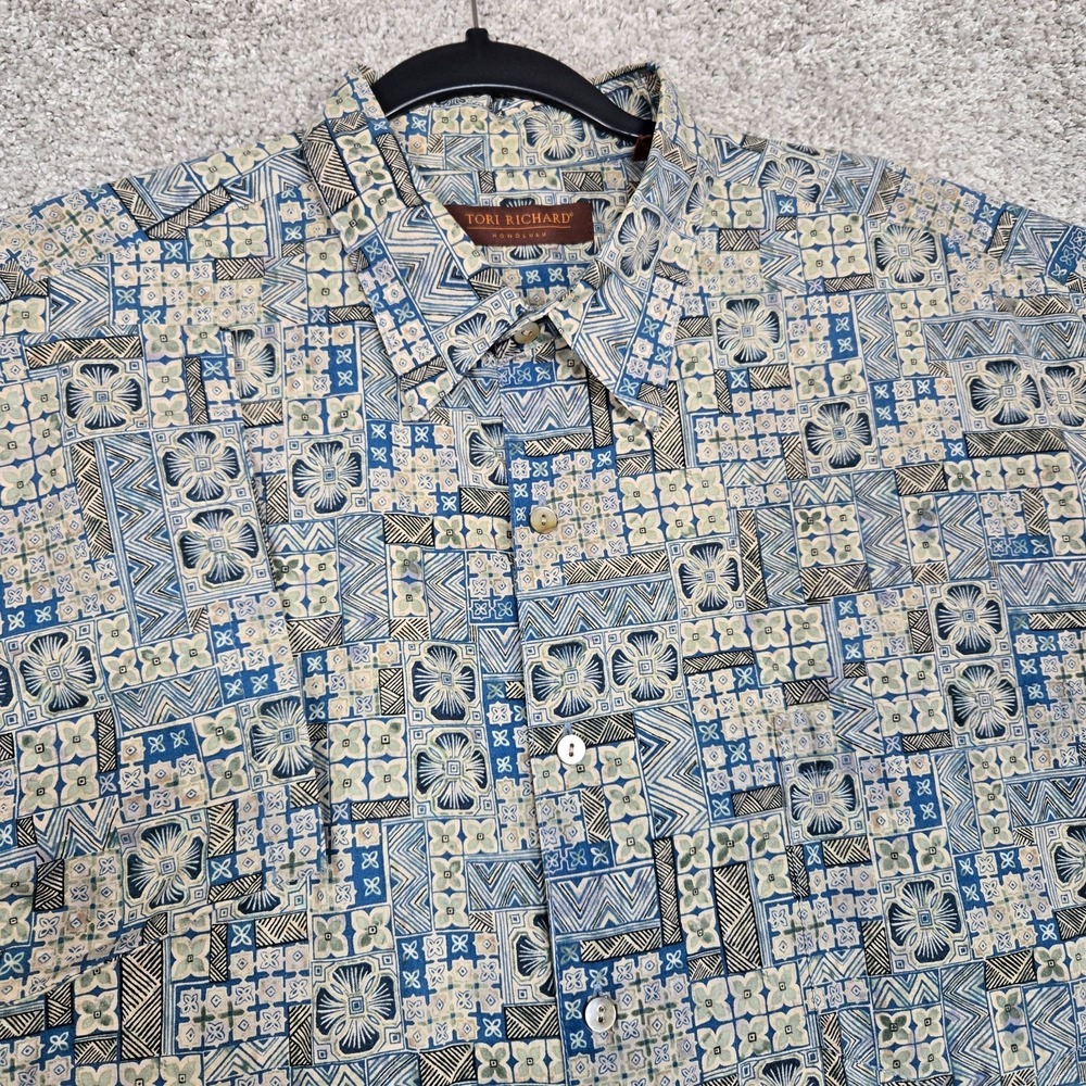 Tori Richard Honolulu Shirt Men XL Blue Hawaiian Aloha Geometric abstract Print